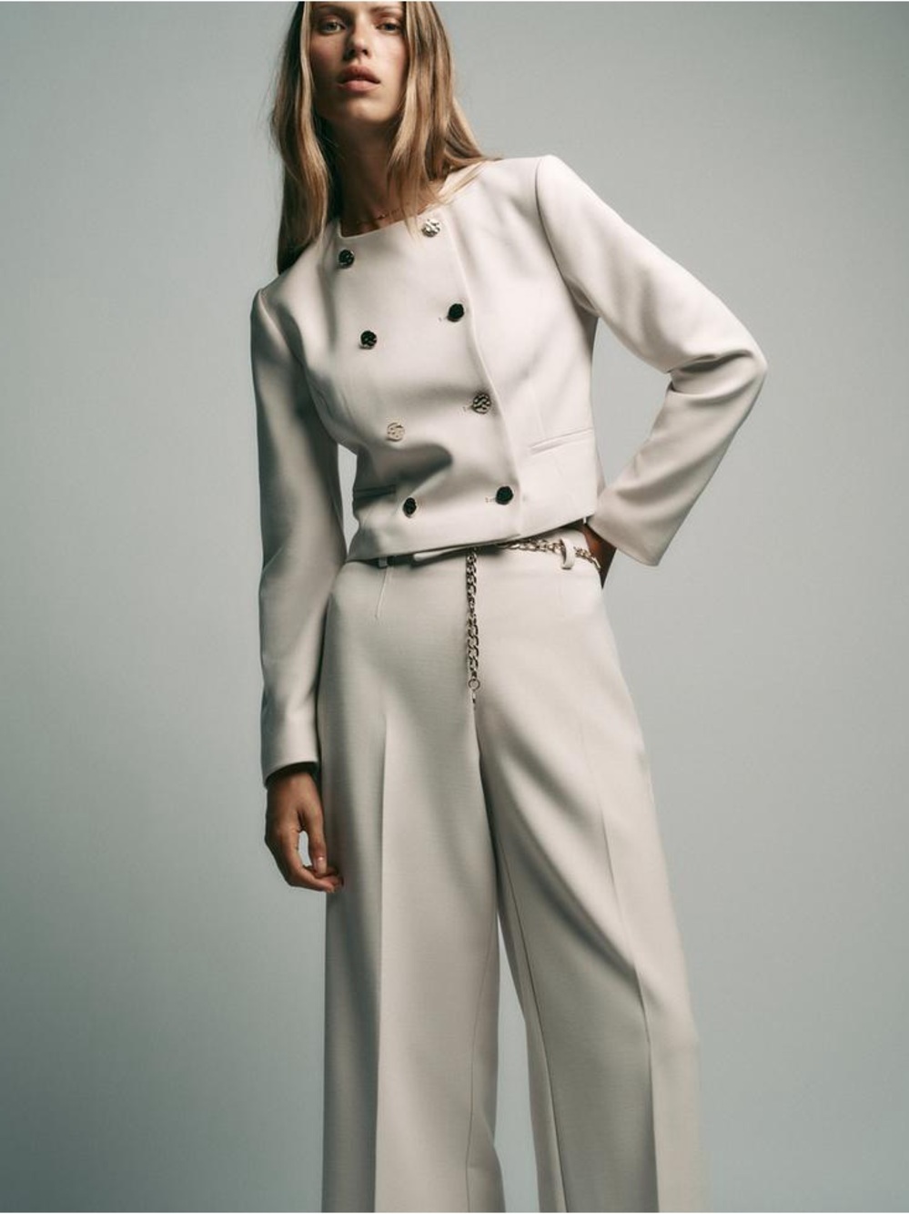 Zara NEW Trousers Cropped Creased w Golden Chain Belt Buttoned Pockets Ivory S